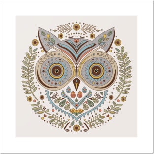 Graphic Scandinavian Owl and Leaves Posters and Art